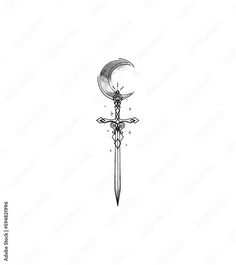 Hand Drawn Lilith Symbol As A Moon And Sword Vector Tattoo Design Stock