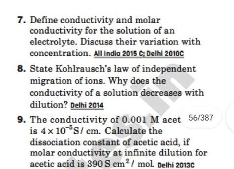 Define Conductivity And Molar Conductivity For The Solution Of An Elec