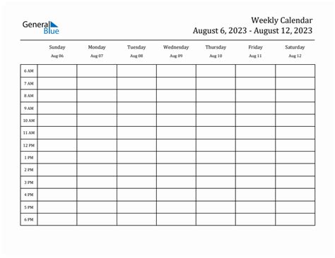 Weekly Calendar - August 6, 2023 to August 12, 2023 - (PDF, Word, Excel)