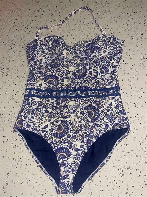 Tory Burch Madura Printed Plunge One Piece Swimsuit L Gem