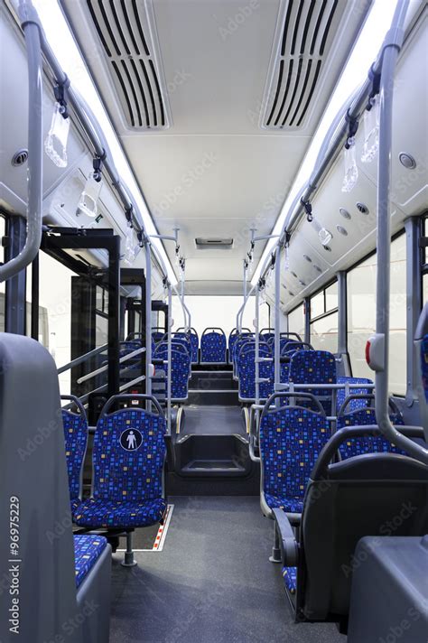 Bus Inside City Transportation White Interior With Blue Seats In Row