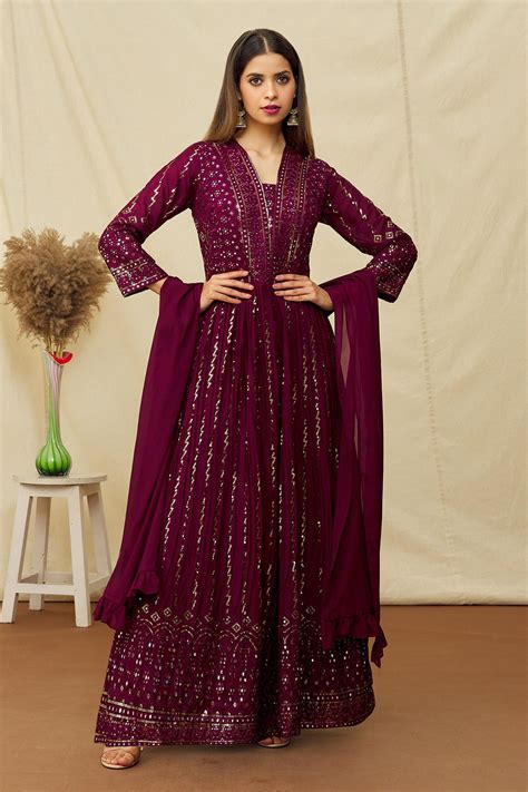 Buy Wine Chinnon Silk Embroidered Resham Blunt V And Sequin Anarkali