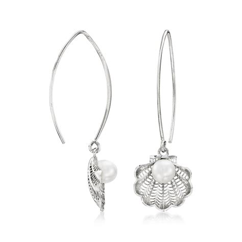 Italian 6mm Cultured Pearl Seashell Drop Earrings In Sterling Silver