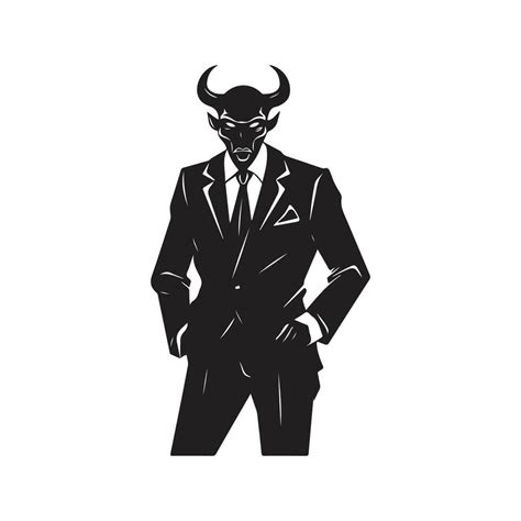 devil wearing suit, vintage logo line art concept black and white color ...