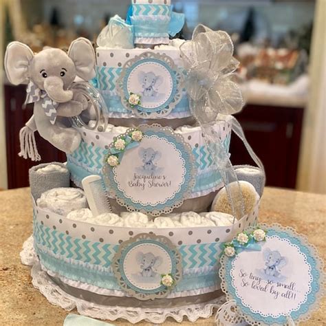 Elephant Diaper Cake Elephant Shower Cake In Blue Baby Etsy