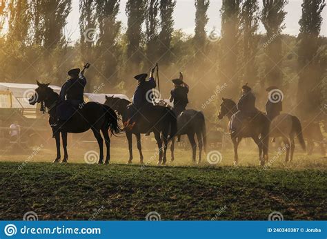 Hungarian Horseman Ride Five Horses He Wears The Traditional Hungarian