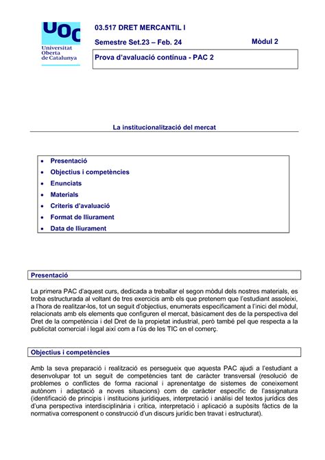 PAC 2 Pac 2 Enunciado CAT 03 DRET MERCANTIL I Semestre Set 3 Feb