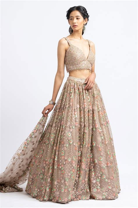 Buy Brown Tulle Embroidered Sequin V Neck Lehenga Set For Women By