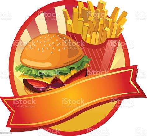 Burger And Fries Label Stock Illustration Download Image Now American Culture Beef Bun