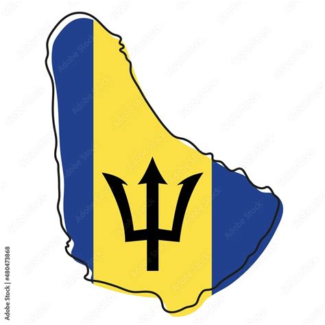 Stylized outline map of Barbados with national flag icon. Flag color ...