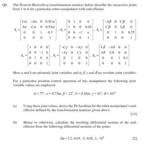 The Denavit Hartenberg Transformation Matrices Below Chegg