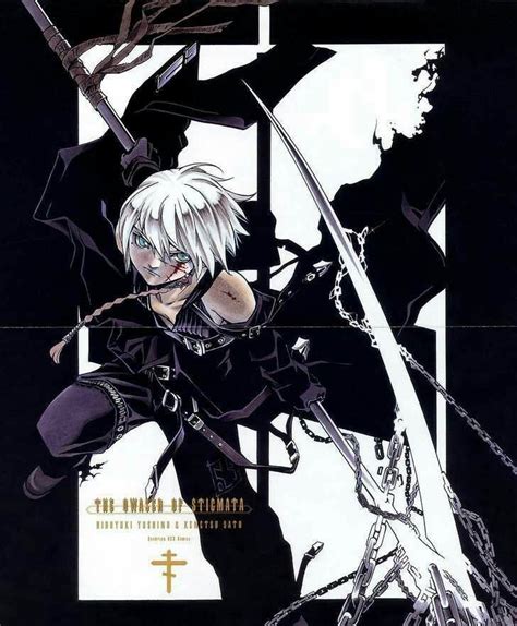 An Anime Character With White Hair And Black Clothes Holding Two Swords