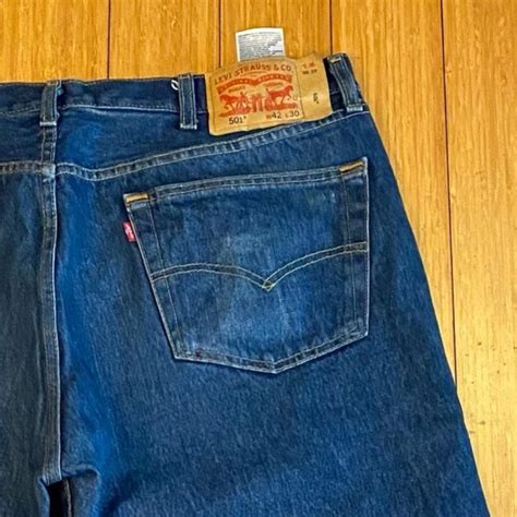 Levis 501 Button Fly Blue Denim Jeans 42x30 Good Depop