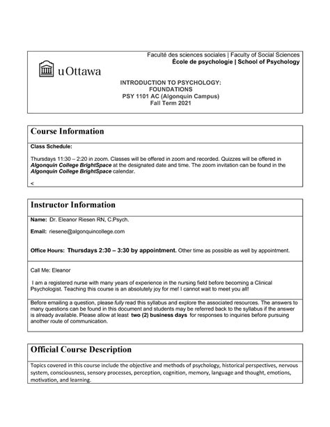 Psy Course Outline Syllabus Facult Des Sciences Sociales