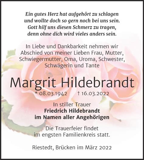 Traueranzeigen Von Margrit Hildebrandt Abschied Nehmen De