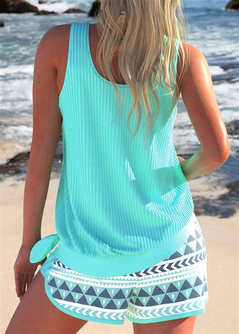 Plus Size Bowknot Mint Green Geometric Print Tankini Set Modlily