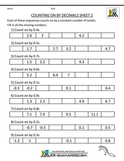 5th Grade Decimal Worksheets