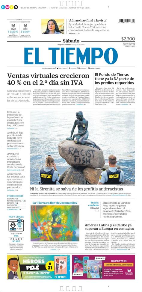 Periódico El Tiempo Colombia Periódicos De Colombia Edición De Sábado 4 De Julio De 2020