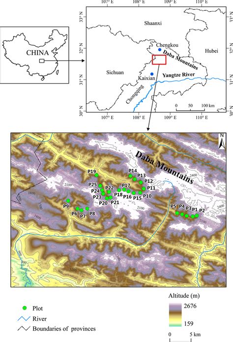 Study sites on the Daba Mountains, southwestern China. The study plots ...