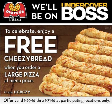 Free Cheesybread With Your Large At Marcos Pizza Pizza Coupons Large Pizza Boss Pizza