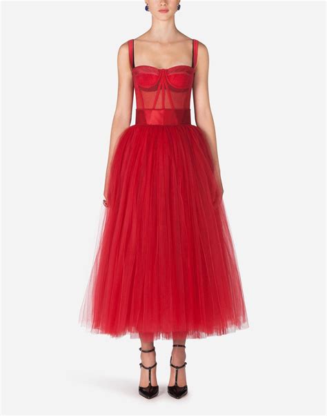 Dolce Gabbana Bustier Tulle Midi Dress In Red Lyst