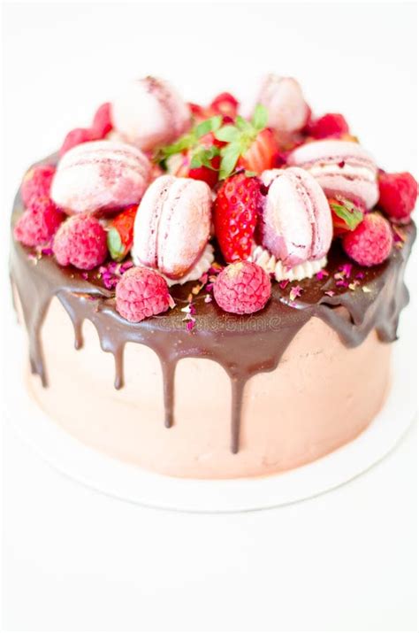 Birthday Chocolate Cake With Strawberries Raspberries And Macarons