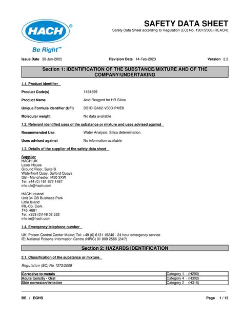 Acid Reagent For Hr Silica Safety Data Sheet Safety Data Sheet