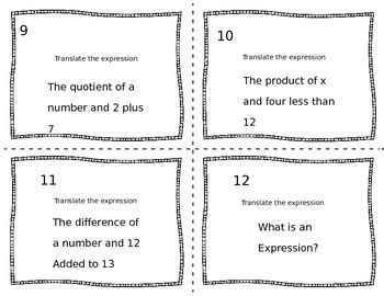 Algebraic Expressions Task Cards By Mack Nificent Math TpT