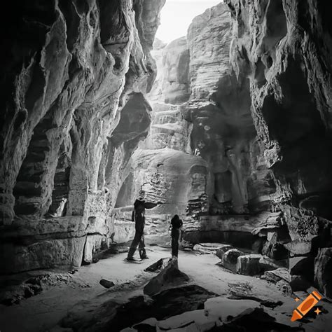 Adventurous Archaeologist Exploring Ancient Ruins In A Cave In Black