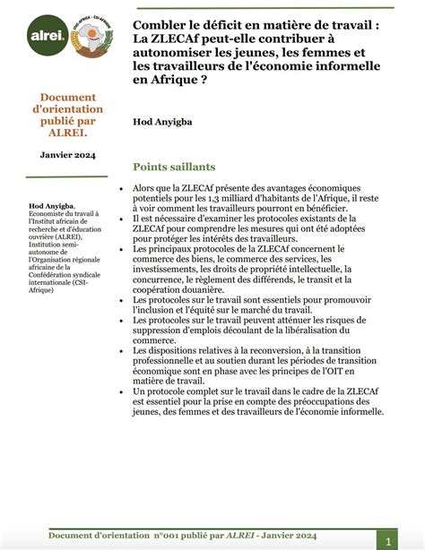 Combler Le D Ficit En Mati Re De Travail La Zlecaf Peut Elle