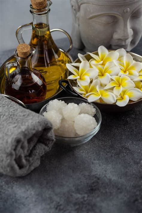 Spa Massage Relax Composition Setting Natural Essence Oils Sea Salt Towel Candles Buddha