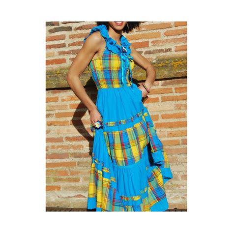 Robe Longue Madras Bleu Et Jaune Broderie Bleue M Elle Boutique