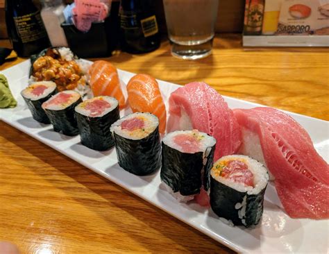 Spicy Tuna Roll Fatty Tuna And Salmon Nigiri Along With A Spicy