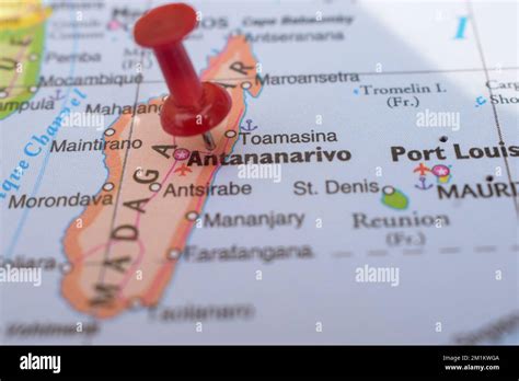 Red Push Pin Pointing On Location Of Antananarivo World Map Close Up