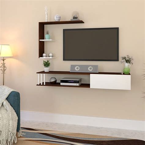 Luxurious African Oak Walnut White Shelved Wooden TV Unit WallMantra