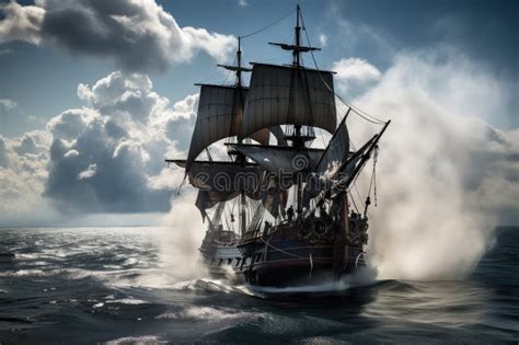 Pirate Ship With Cannons Firing And Smoke Rising Into The Air Stock