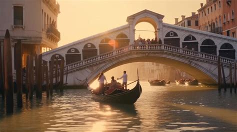 Premium AI Image | Romantic gondola ride near the iconic Rialto Bridge ...