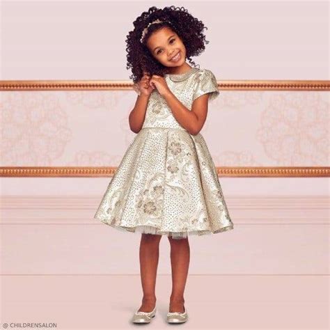 Childrensalon Girls Gold Brocade Embroidered Flower Dress