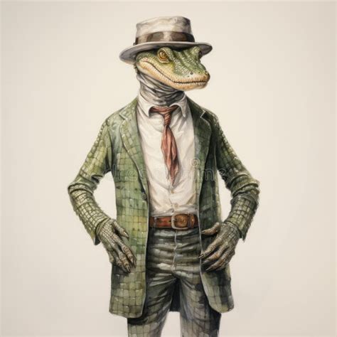 Vintage Crocodile Hat Painterly Style Full Body Hyperrealistic Animal