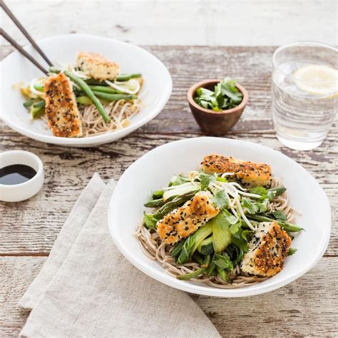 Sesame Crusted Tofu With Soba Noodles And Teriyaki Asian Greens Sauce