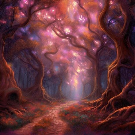 Una pintura de un camino a través de un bosque con un árbol morado