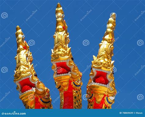 Golden Nagas Soaring Into Blue Sky Stock Image Image Of Mythology