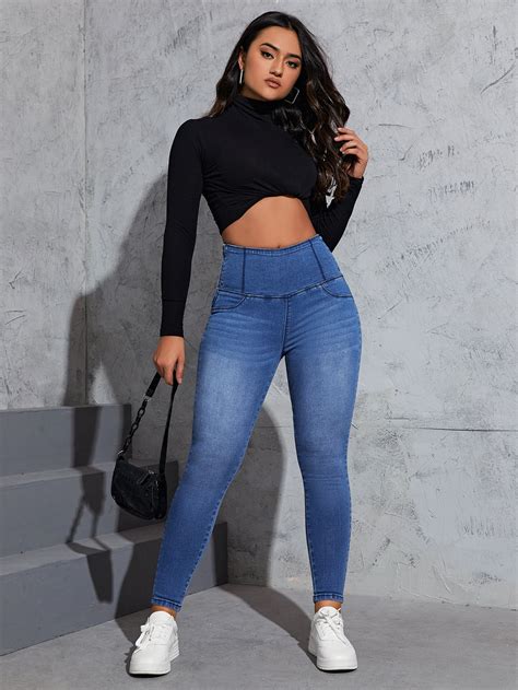 SHEIN Essnce Jeans ajustados de talle alto Moda de Mujer SHEIN México