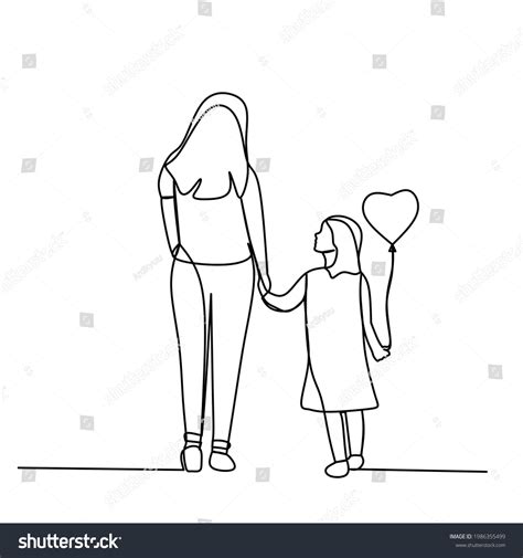 Mom Daughter Walking Together Holding Balloons Stock Vector Royalty