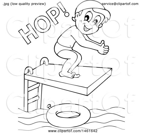 Clipart of a Black and White Boy Hopping on a Diving Board - Royalty ...