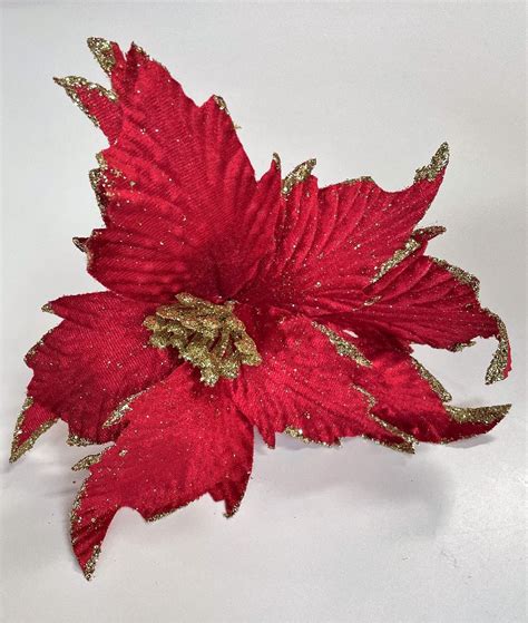 Mm Red With Gold Glitter Poinsettia Flower Chas Clarkson