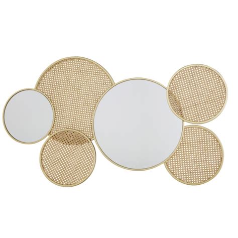 Decorazione Da Parete In Specchio E Rattan Beige E Dorato 146x84 Cm