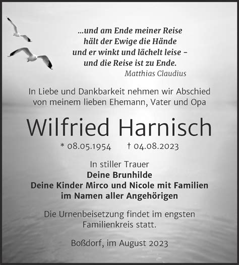 Traueranzeigen Von Wilfried Harnisch Abschied Nehmen De