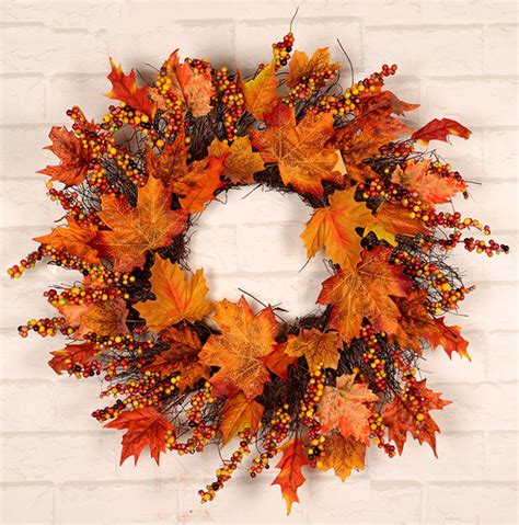 Bobasndm 18 Inch Fall Wreath For Front Door Fall Wreath With Wooden Maple Leaves Gold And Red