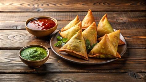 A Plate of Samosa with Red and Green Chutney on a Wooden Table AI ...